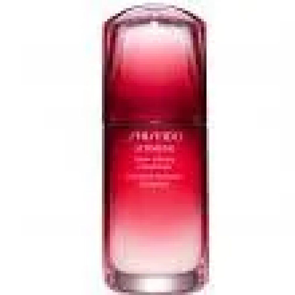 Flacon rouge et transparent. Inscription SHISEIDO ULTIMUNE Power Infusing Concentrate. Dégradé de rouge à transparent.