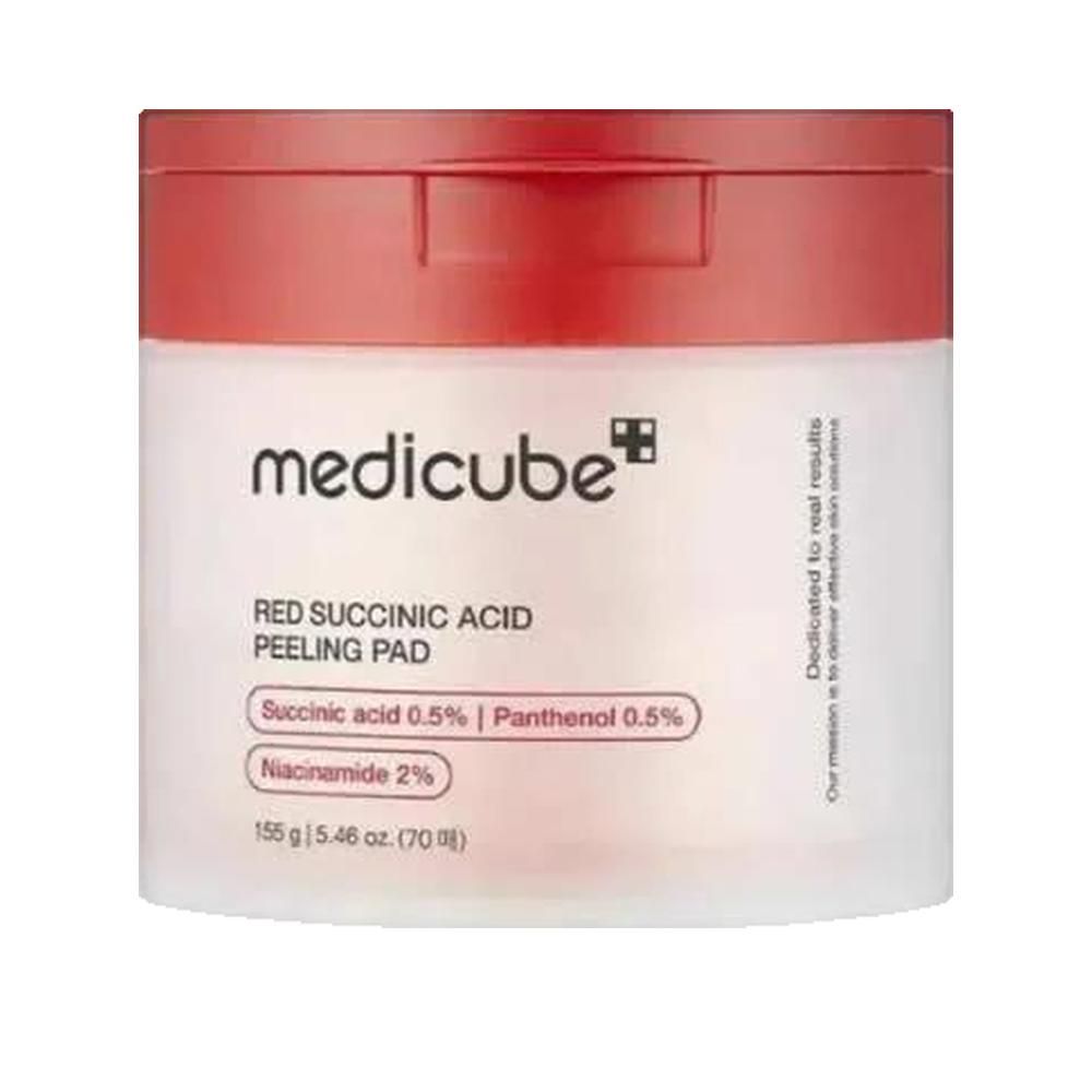 Ronde pot met rode deksel. Opschrift: medicube, Red Succinic Acid Peeling Pad. Ingrediënten: Succinic acid 0.5%, Panthenol 0.5%, Niacinamide 2%.