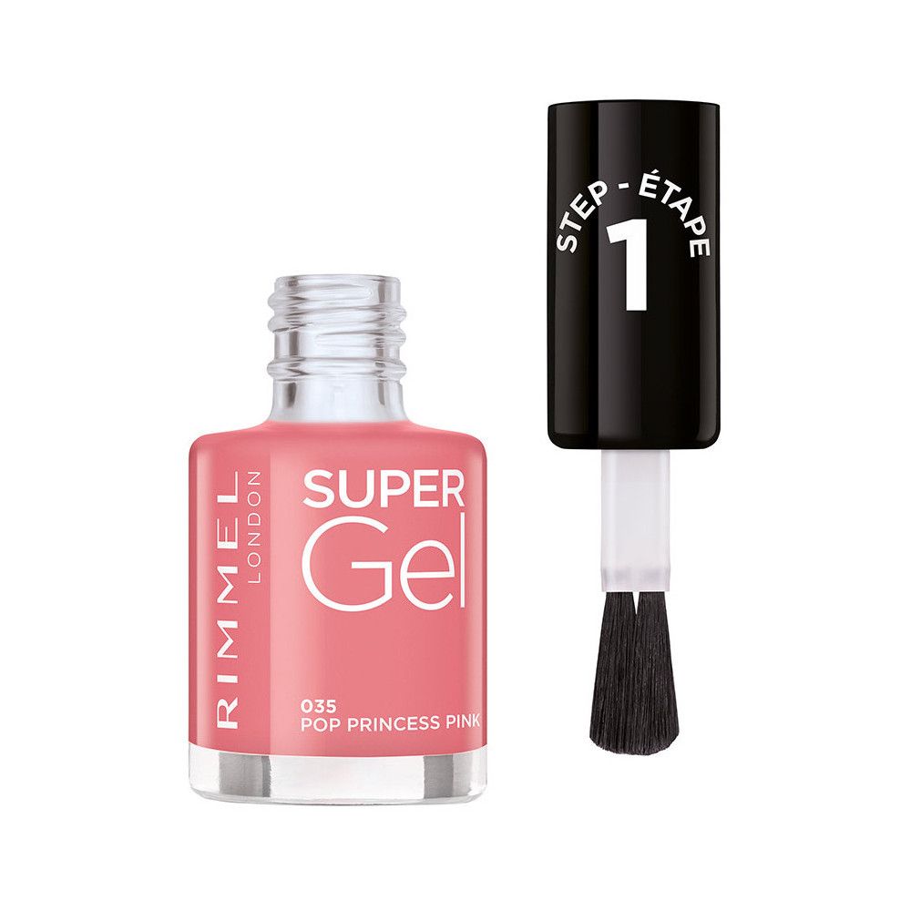 Flacon de vernis à ongles avec pinceau. Teinte rose, inscription "Super Gel". Bouchon noir avec inscription "Step 1".