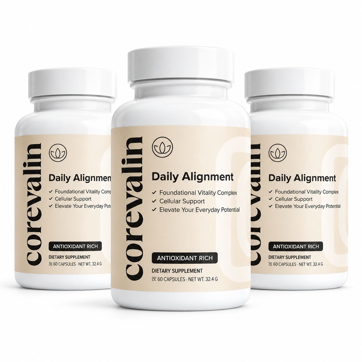 Drie witte flessen met het etiket 'Daily Alignment' van Corevalin, een voedingssupplement.