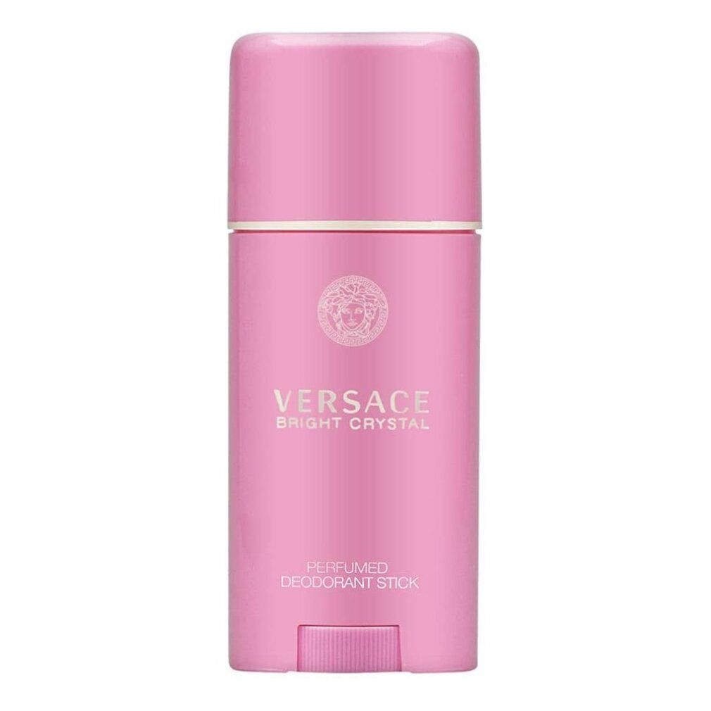 Roze deo-stick. Opschrift: VERSACE BRIGHT CRYSTAL, PERFUMED DEODORANT STICK. Cilindervorm met dop en draaimechanisme.