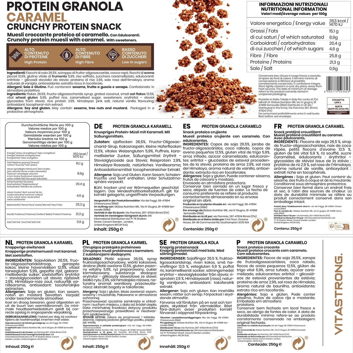 Close-up van de verpakking van proteïne granola. Tekst: Protein Granola Caramel, hoog eiwitgehalte en vezelrijk. Voedingswaarde.