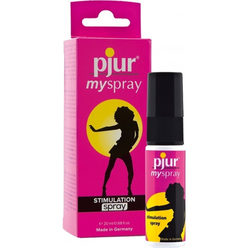 Roze doos en fles. Logo pjur, tekst myspray, illustratie vrouw. Tekst: Stimulation Spray. Fles met zwarte verstuiver.
