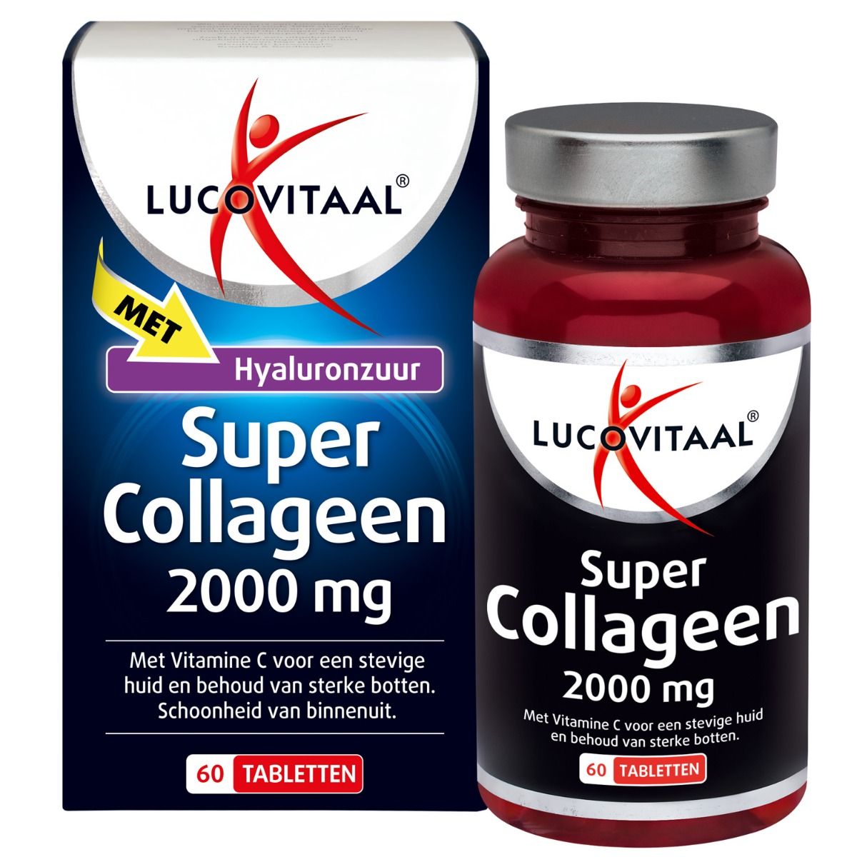 Productvergelijking: fles en verpakking. Beide tonen "Super Collageen 2000 mg". Merk: Lucovitaal. 60 tabletten.
