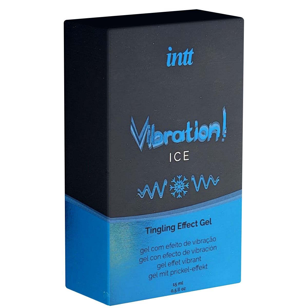 Boîte noire avec base bleue. Inscription : INTT Vibration! ICE. Tingling Effect Gel. Texte multilingue.