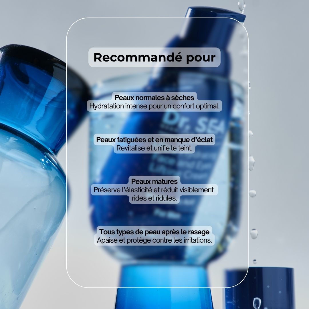 Flacon de crème bleu avec texte. Inscription : Dr. SEA, Ultra Hydrating Face and Eyes Lifting Cream. Recommandé pour...