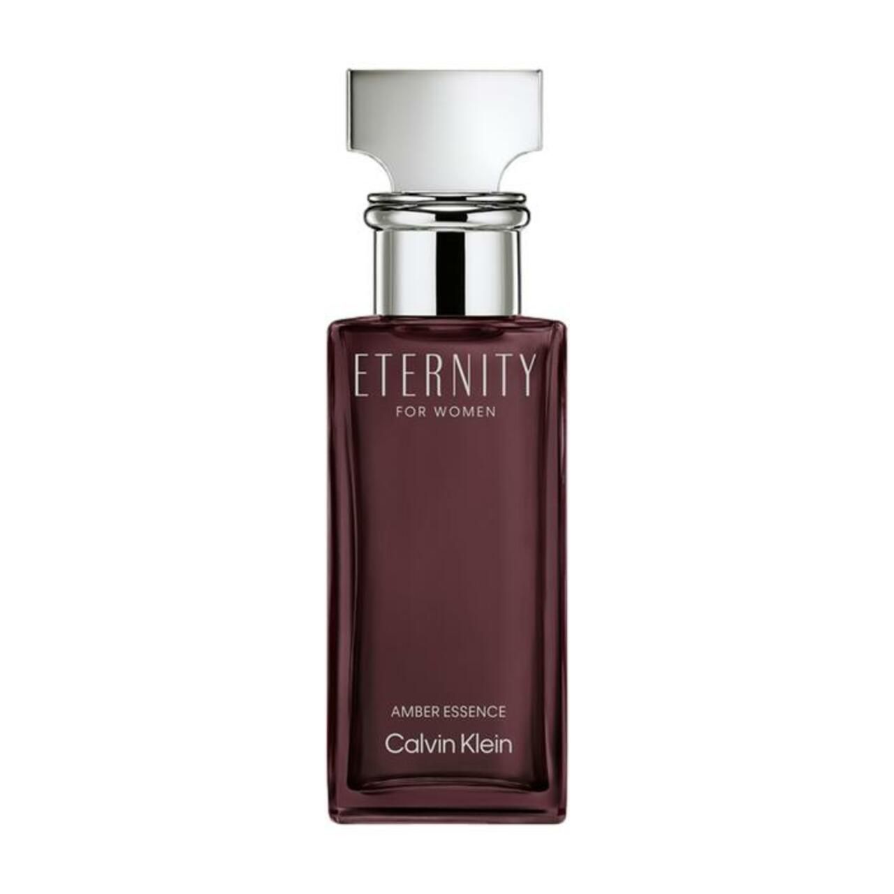 Eternity Amber Essence damesparfum van Calvin Klein. Rechthoekige fles met zilveren dop. Productnaam en logo.
