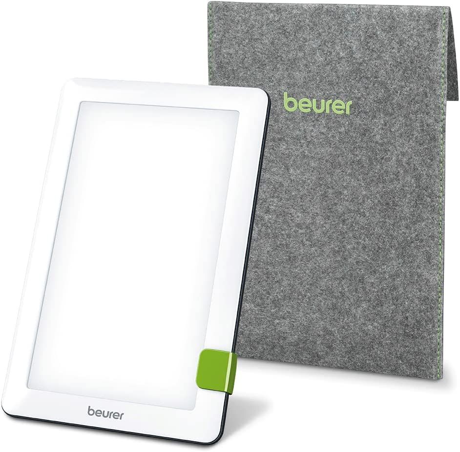 Daglichtlamp met witte rand, groene accenten en grijze hoes. Merk: beurer.