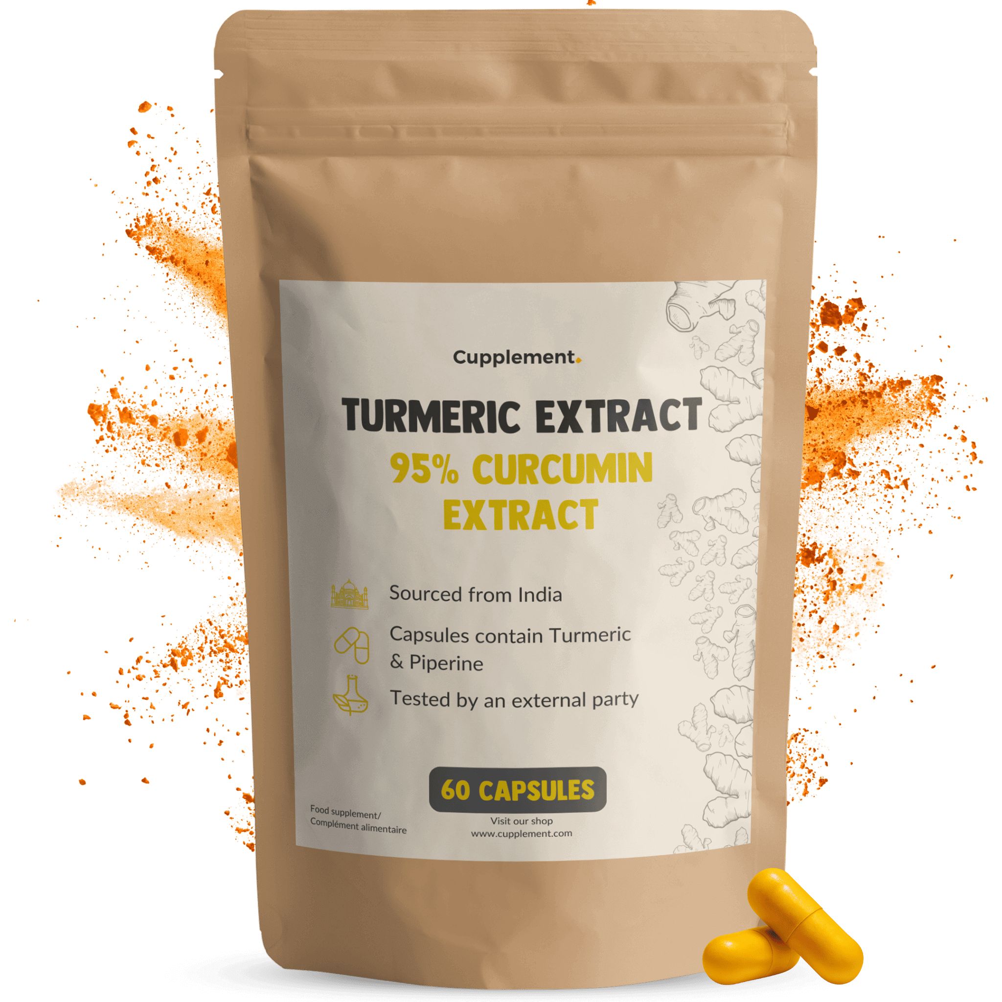 Zakje met capsules. Opschrift: Turmeric Extract, 95% Curcumin Extract. 60 capsules. Herkomst India.