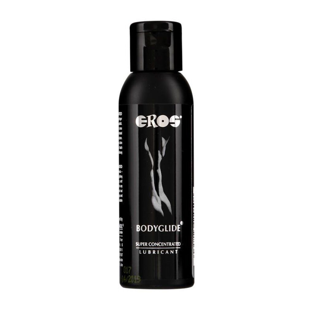 Flacon noir avec EROS Bodyglide Super Concentrated Lubricant. Une silhouette féminine stylisée est représentée.