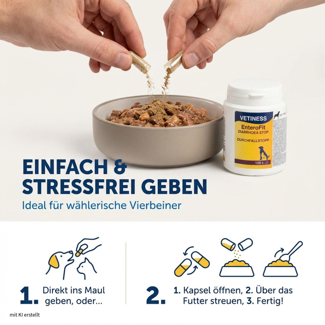 Handen die capsules in een voerbakje doen. Tekst: Eenvoudig & stressvrij geven. 3 stappen: capsule openen, over het voer strooien, klaar!