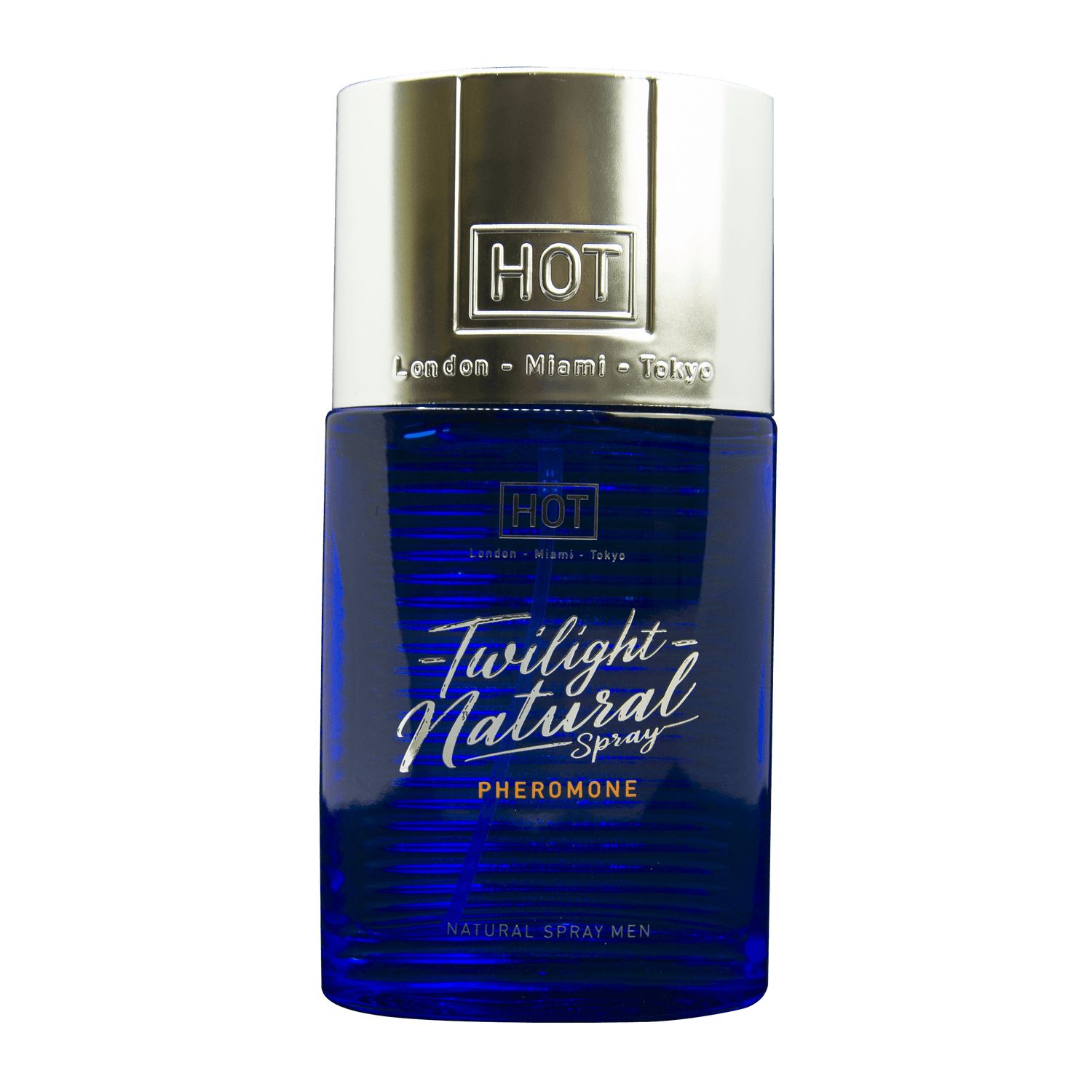 Twilight Natural Spray voor mannen, blauwe fles met zilveren dop, feromoon spray.