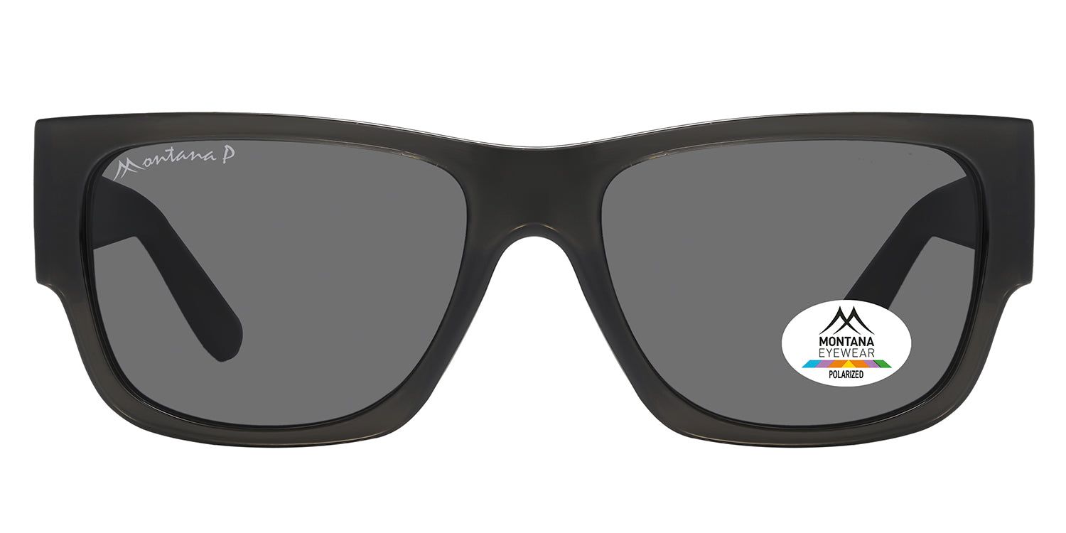 Lunettes de soleil grises foncées avec verres rectangulaires. Logo Montana Eyewear sur la branche gauche et autocollant sur le verre droit. Verres polarisés.