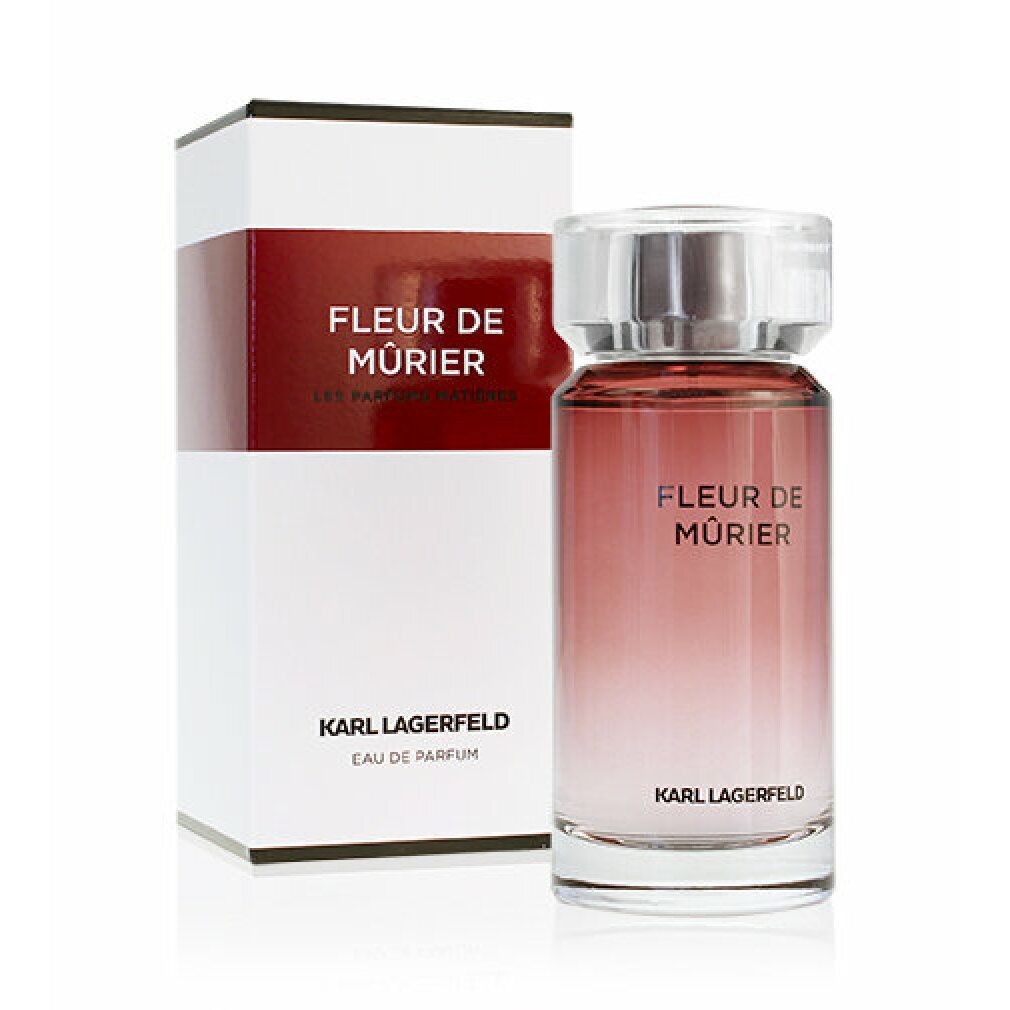 Flacon de Fleur De Mûrier. Bouchon transparent. Tête de pulvérisation rouge. Inscription Karl Lagerfeld.