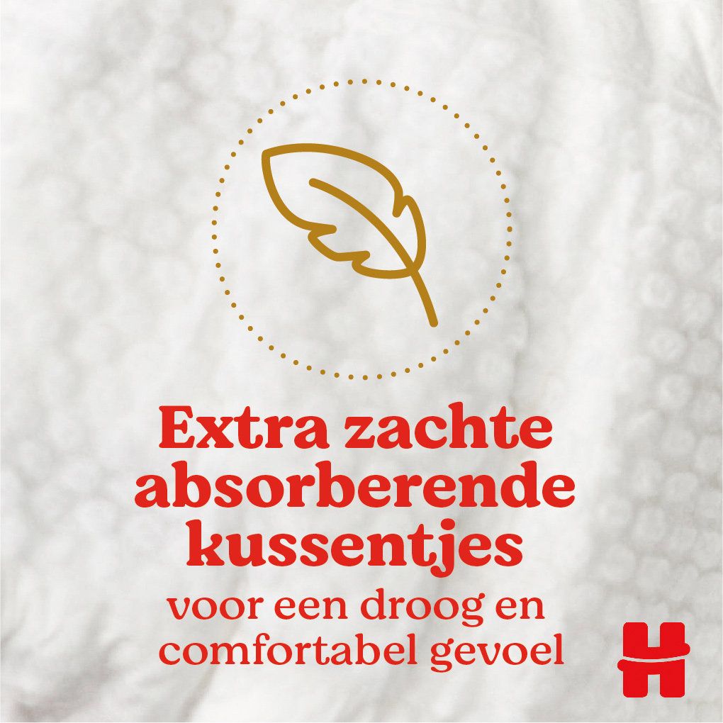 Symbole avec plume. Coussinets absorbants extra doux pour une sensation sèche et confortable. Logo Huggies.