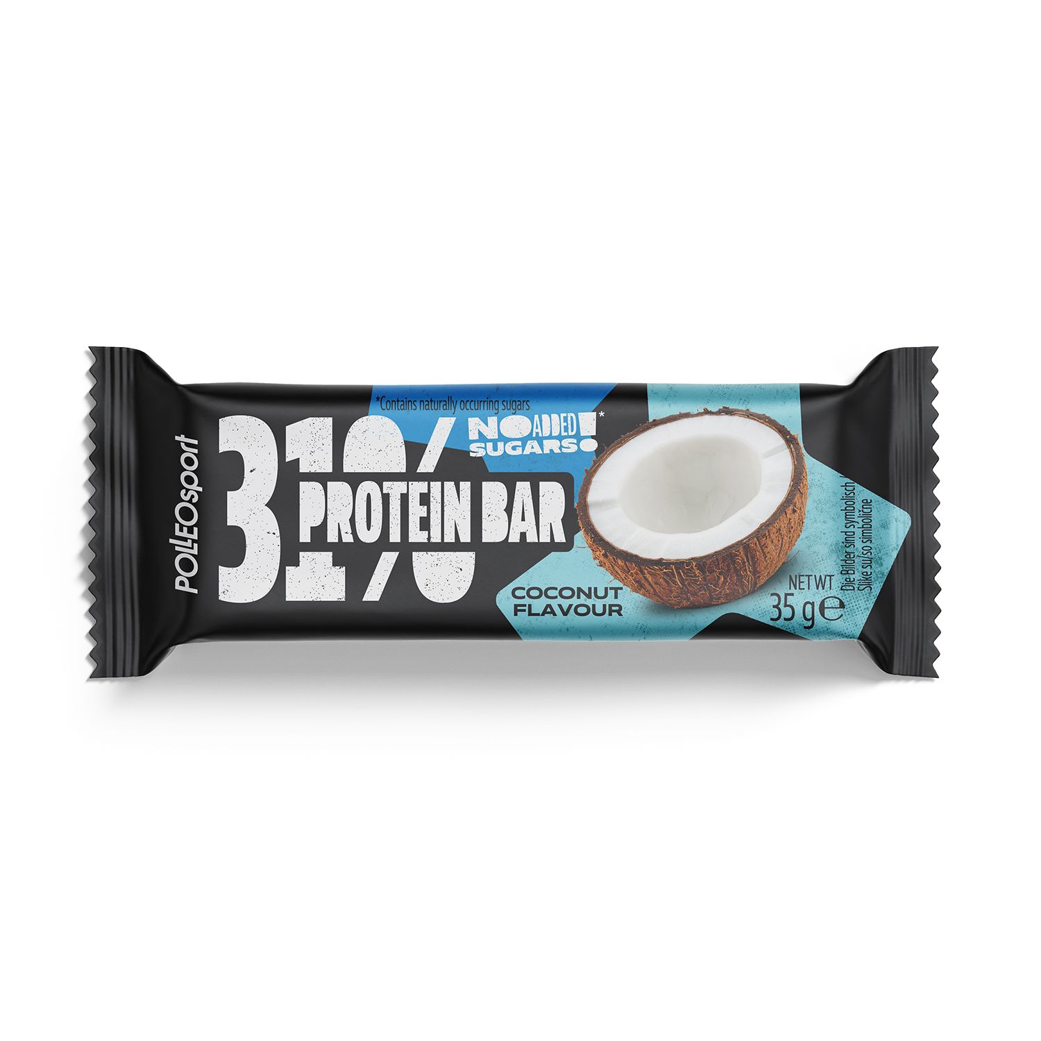 Individuele verpakking van eiwitreep. Opschrift: 31% Protein Bar, kokossmaak, 35g. Merk: PolleoSport.