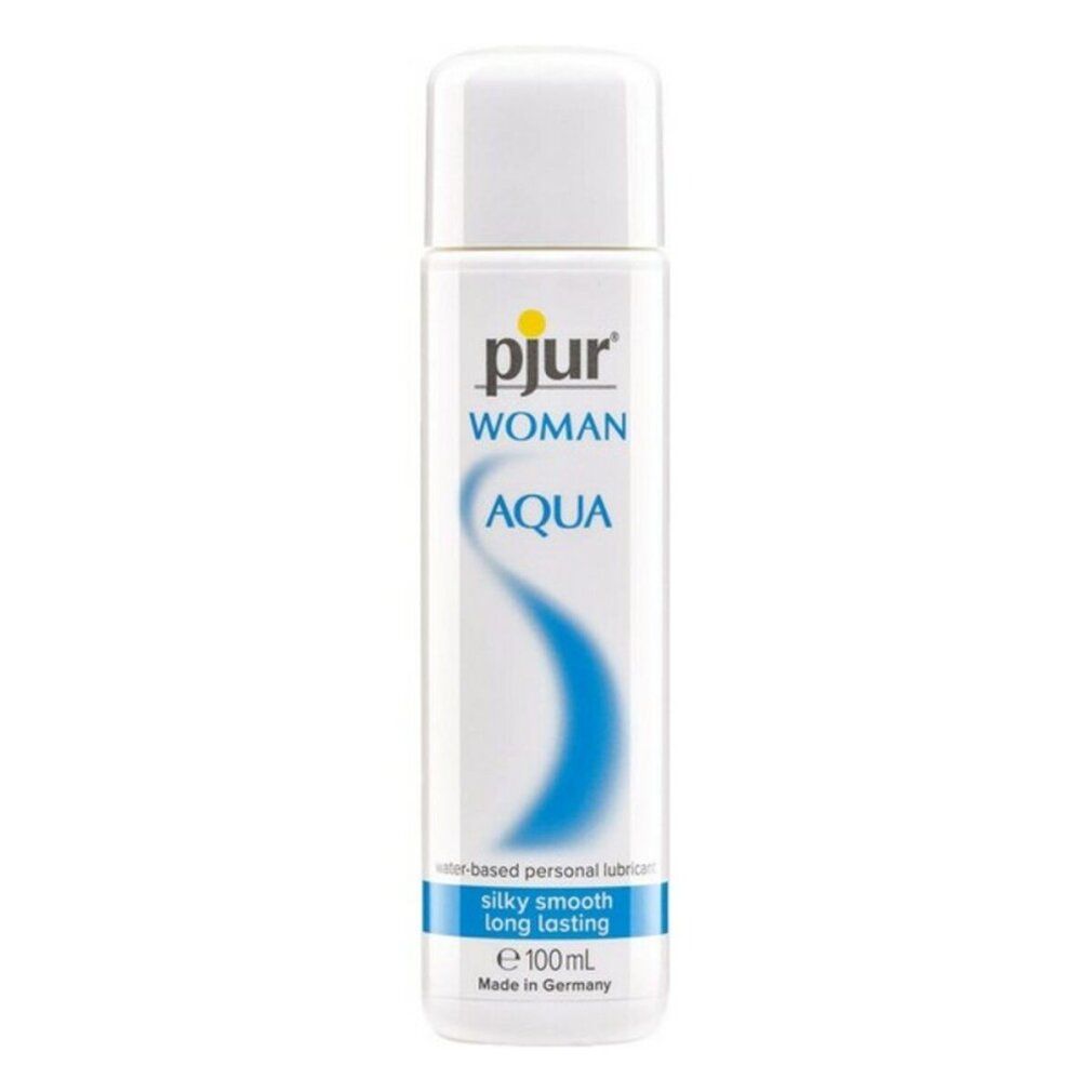 Witte fles met blauw etiket. Opschrift: pjur WOMAN AQUA. Waterbasis glijmiddel. Silky smooth long lasting.