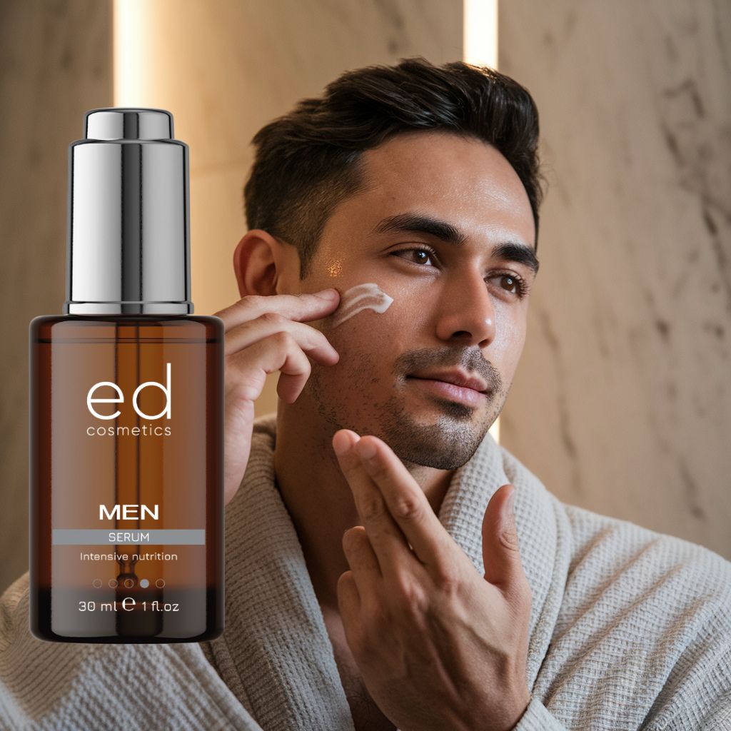 Homme appliquant du sérum. Flacon en verre brun avec bouchon argenté. Texte : "ed cosmetics MEN Serum".
