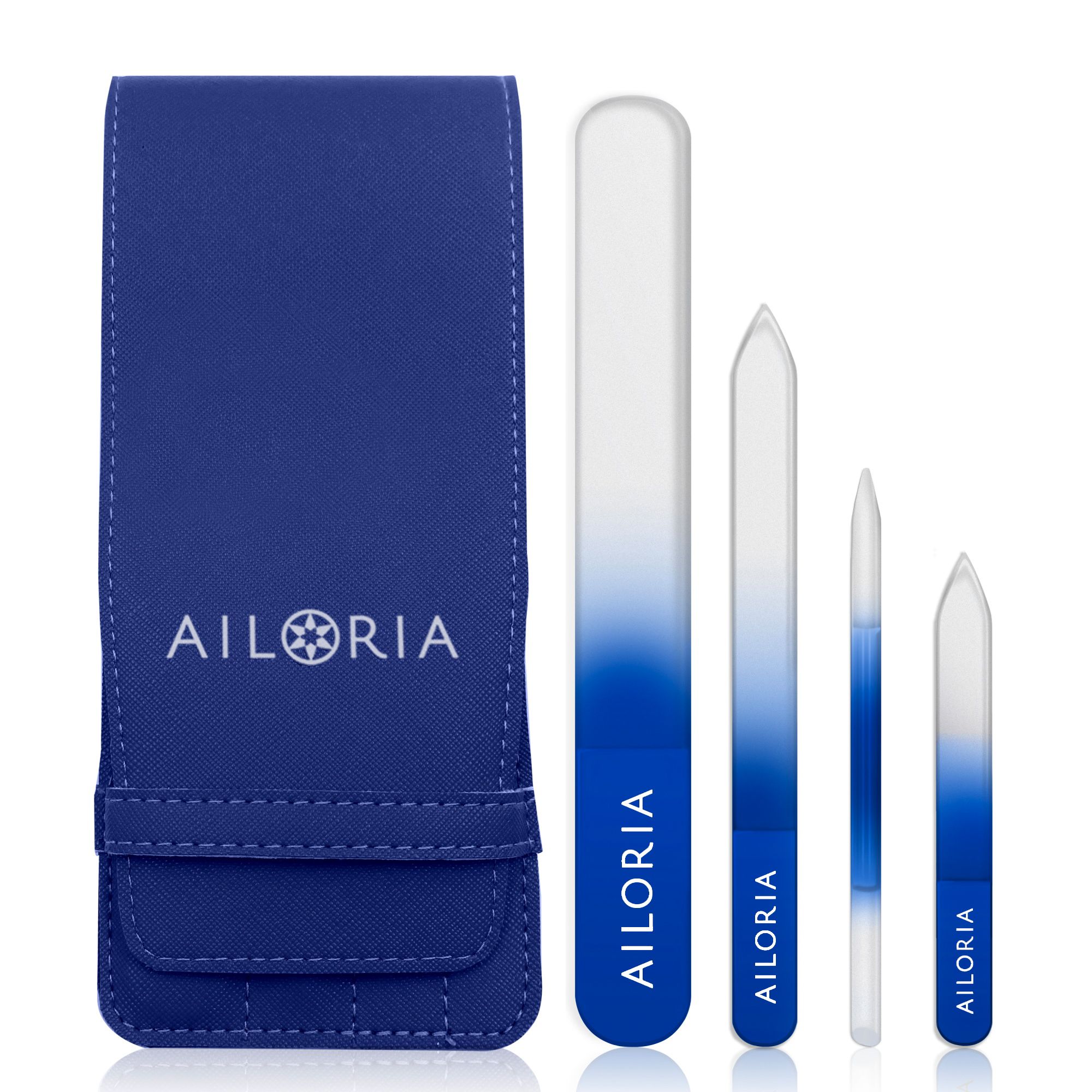 Blauwe etui met AILORIA-logo en vier glazen nagelvijlen. Vijlen in verschillende vormen en maten, blauw-witte kleurovergang.