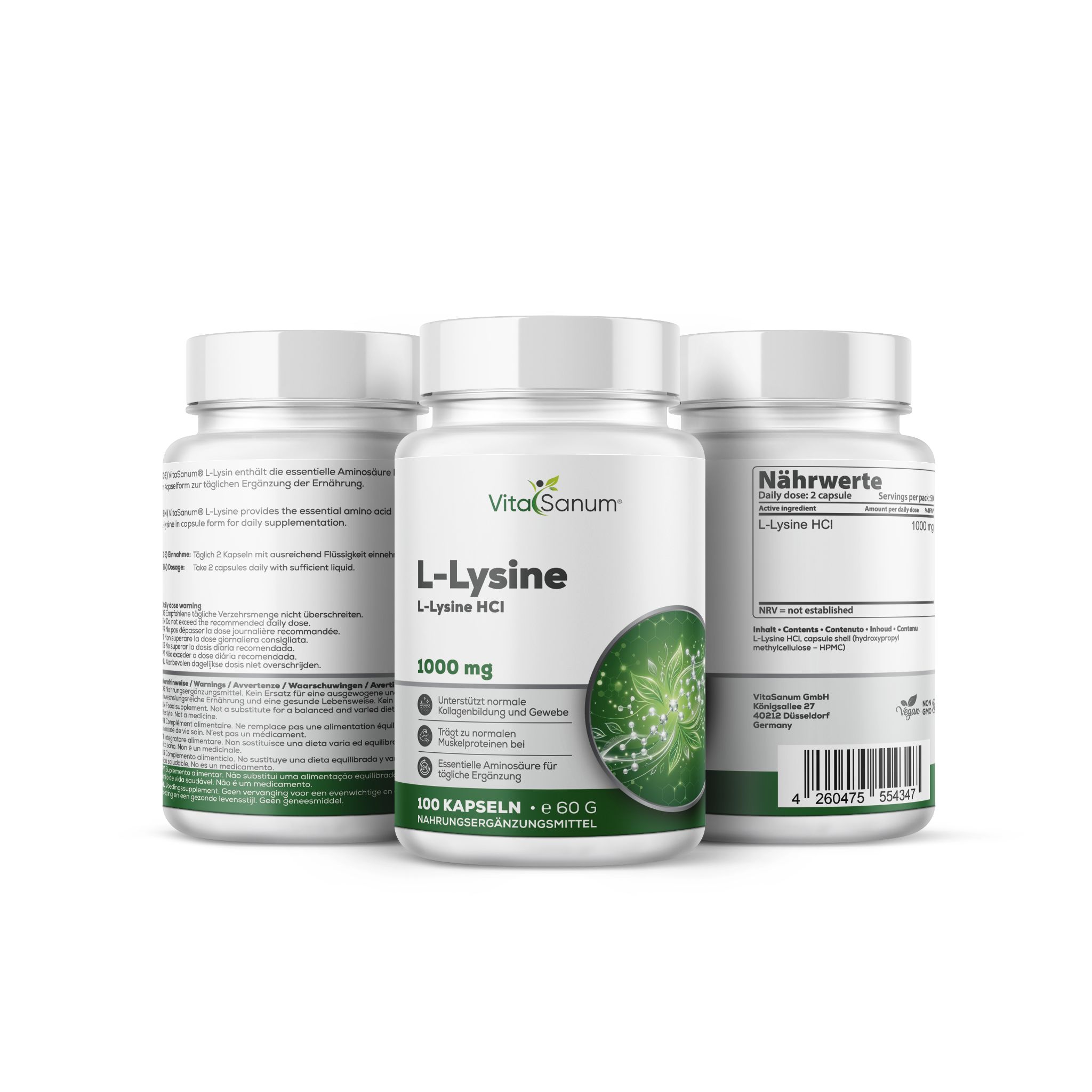 VitaSanum L-Lysine capsules, 1000 mg, 100 capsules, met voedingswaarde-informatie.