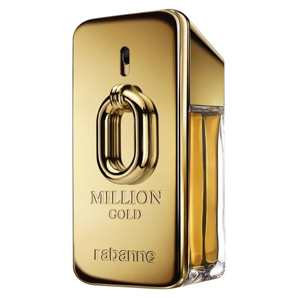 Gouden flacon met "Million Gold" en "rabanne". Rechthoekige vorm, gouden sluiting. Intense parfum.