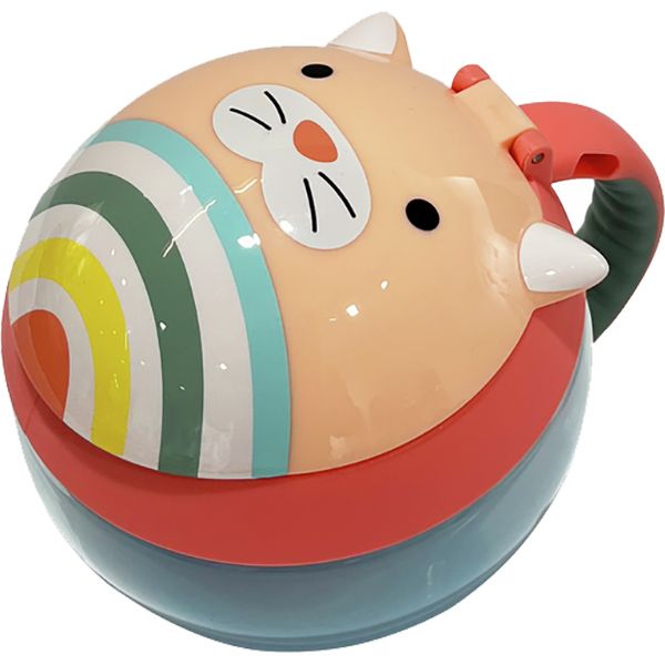 Katvormige container met handvat. Roze, blauw en rood. Regenboogpatroon aan de zijkant. Witte oren en snorharen.