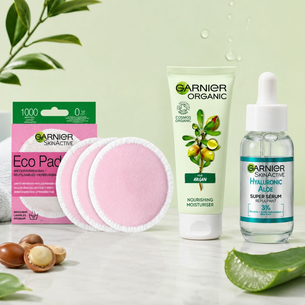 Garnier - Routine Soin Visage – Crème Argan + Sérum Hyaluronique + Disques Démaquillants