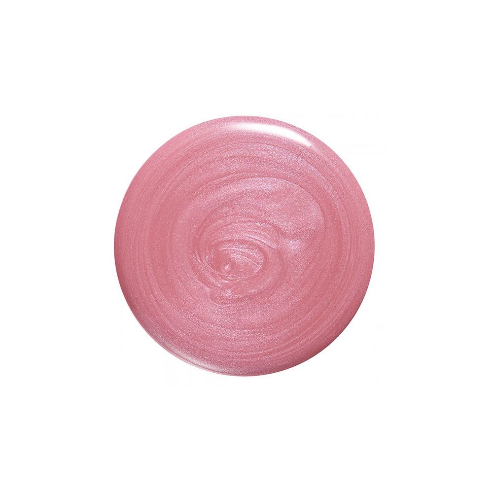 Een ronde veeg glinsterende roze nagellak op een witte achtergrond.
