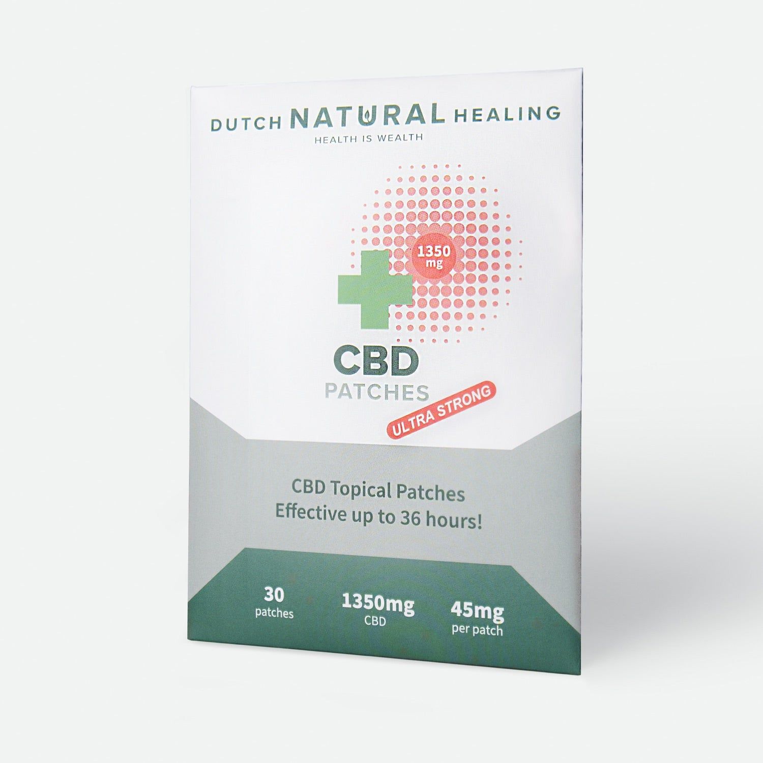 Emballage de patchs CBD, 30 patchs, 1350mg CBD total, 45mg par patch.