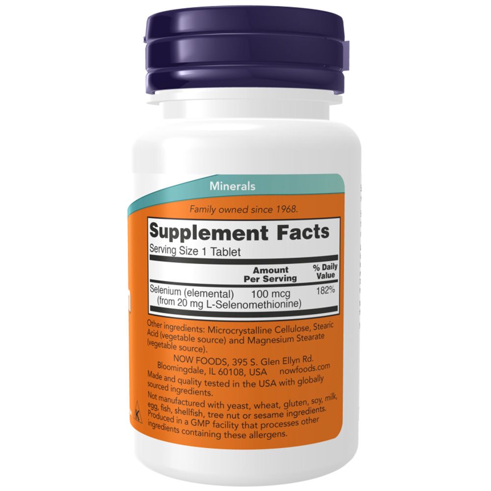 Dos du flacon. Inscription: Supplement Facts, Selenium 100 mcg. Liste des ingrédients. Logo NOW FOODS. Fabriqué aux États-Unis.