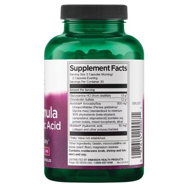 Dos du flacon vert. Étiquette avec informations nutritionnelles et ingrédients. Contient glucosamine, chondroïtine, avocat.