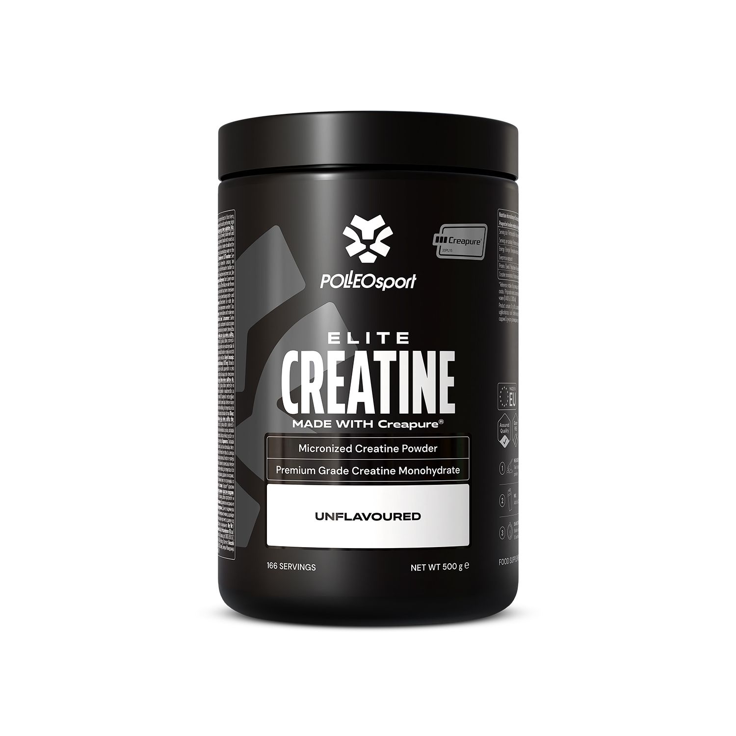 Récipient noir avec PolleoSport Elite Creatine, Made with Creapure®, 300g.