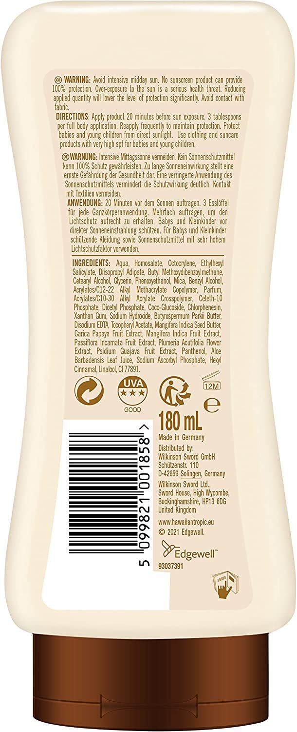 Flacon de crème solaire LSF 50. Marque: Hawaiian Tropic. Contient 180 ml. Avec symbole de protection UV et de recyclage.