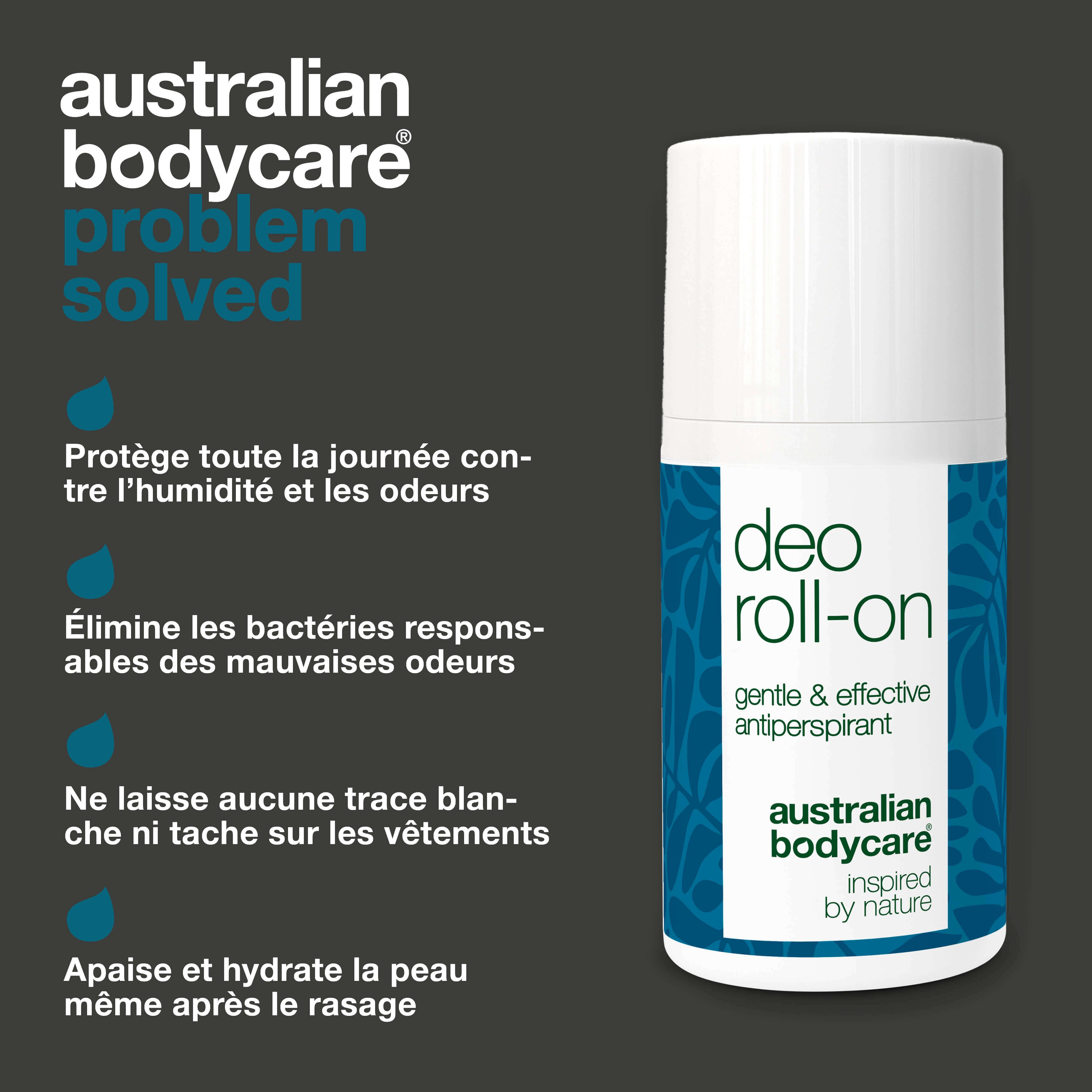 Roll-on déodorant. Texte: gentle & effective antiperspirant. Australian Bodycare. Problème résolu. Protège contre humidité et odeurs.