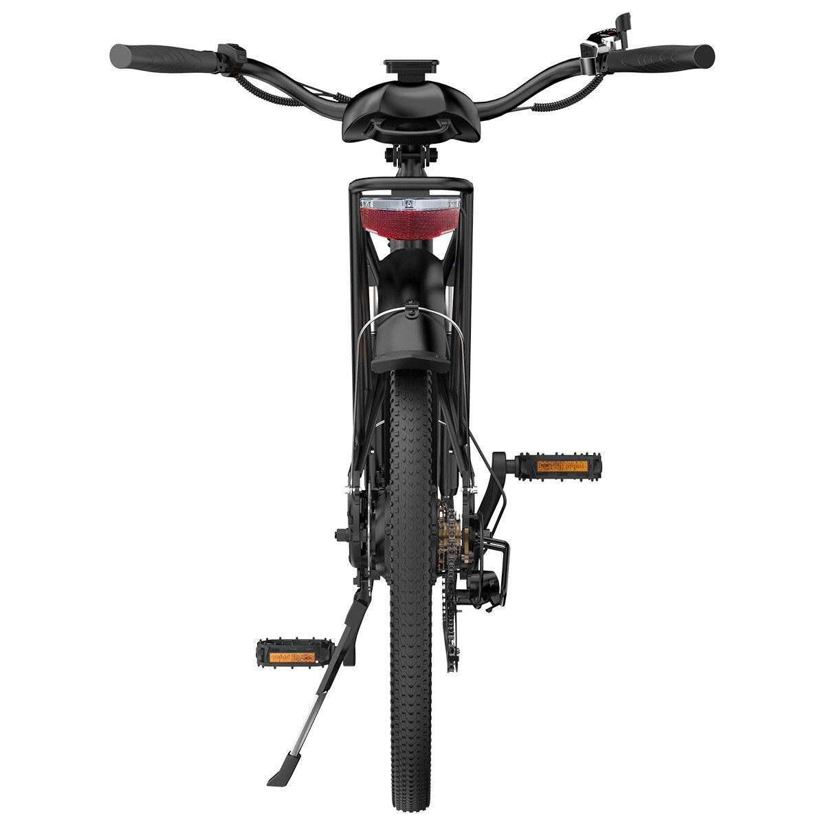 Vélo électrique ESKUTE Polluno Plus noir. Vue arrière. Garde-boue, feu arrière, pédales. Batterie 36V 20Ah.