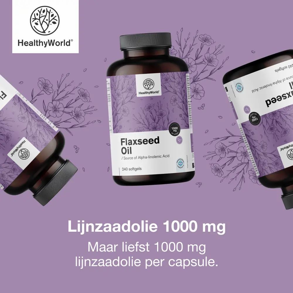 Collage: Fles lijnzaadolie, vrouw in zonlicht, logo, tekst.