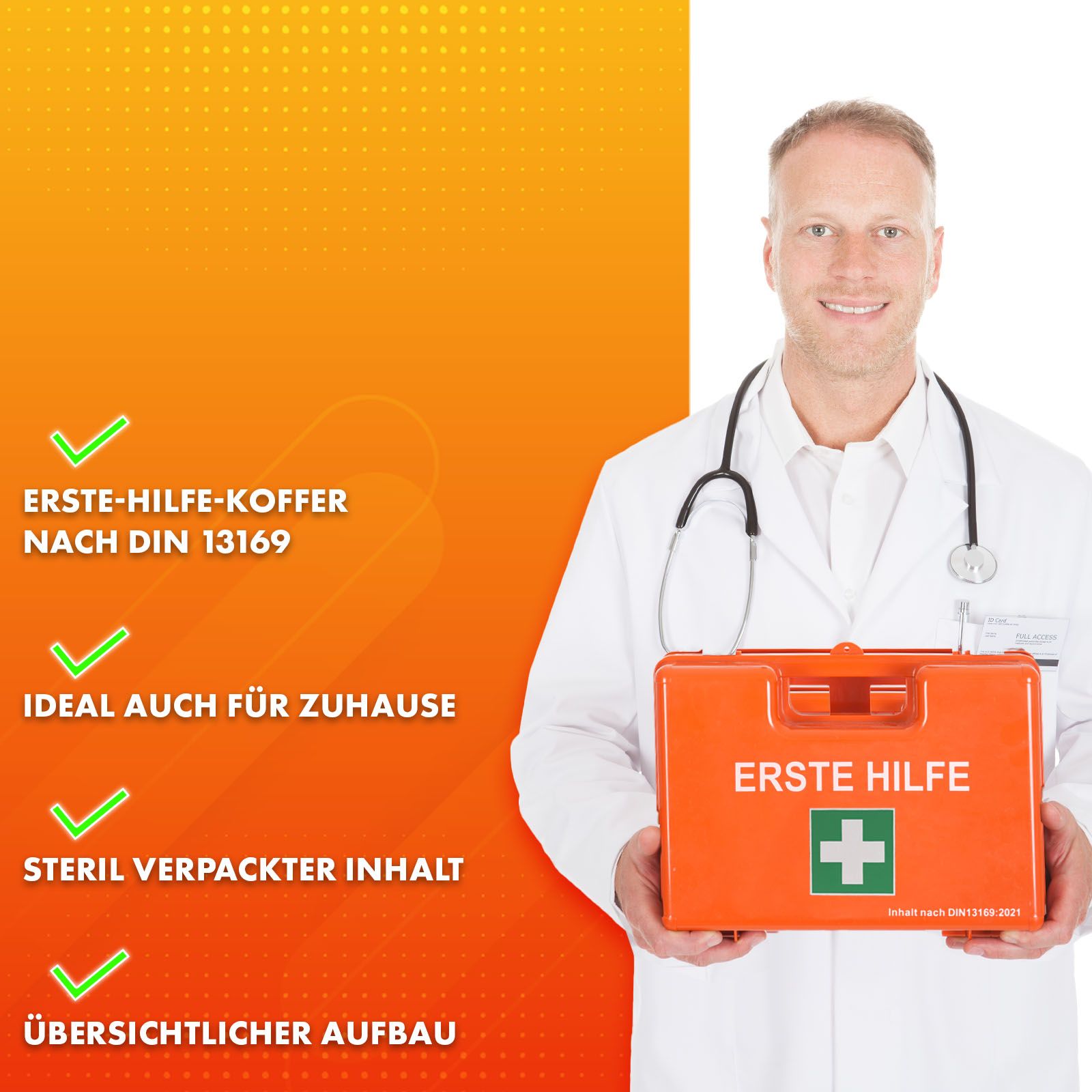 Arts houdt oranje EHBO-koffer vast. Groene vinkjes: DIN 13169, ideaal voor thuis, steriele inhoud, overzichtelijke opbouw.