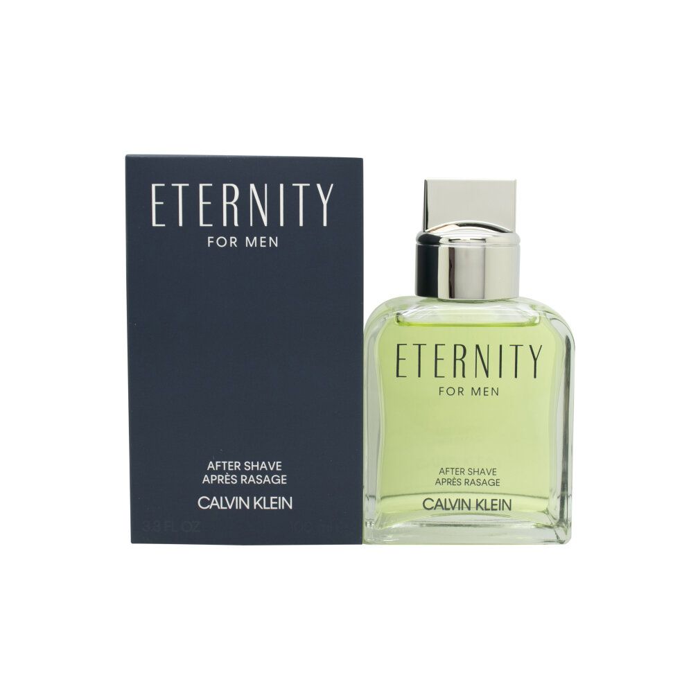 Flacon d'après-rasage et emballage bleu. Inscription: Eternity for men, Calvin Klein. Flacon avec bouchon argenté.
