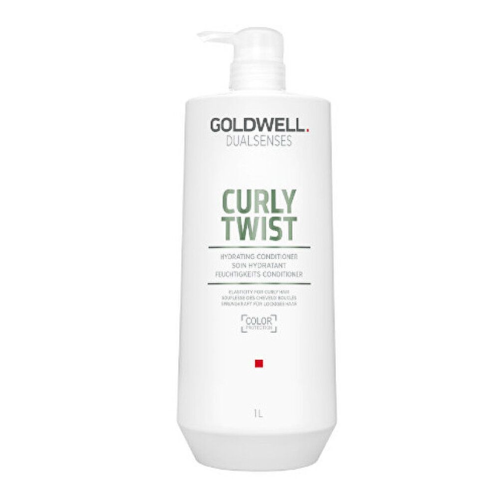 Goldwell Dualsenses Curly Twist Conditioner. Witte fles met pomp en groen etiket. Tekst: Curly Twist, Hydrating Conditioner. 1L.