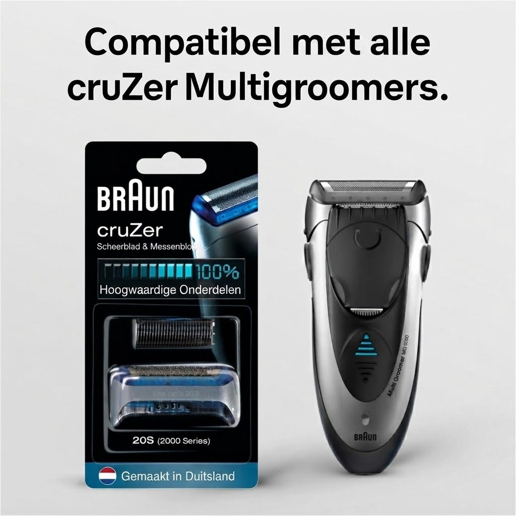 Braun scheerapparaat en reserveonderdelen in verpakking. Zilverkleurig scheerapparaat met zwarte grip. Reservemesjes in blisterverpakking.