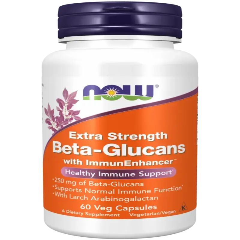 Witte fles met paarse dop. Oranje etiket met tekst: Extra Strength Beta-Glucans, NOW logo, 60 Veg Capsules.