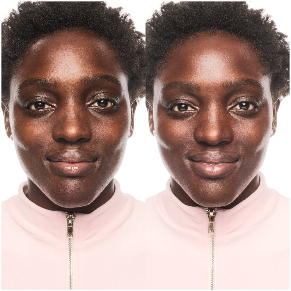 Comparaison avant-après. Visage d'une femme avec et sans fond de teint. Veste rose.