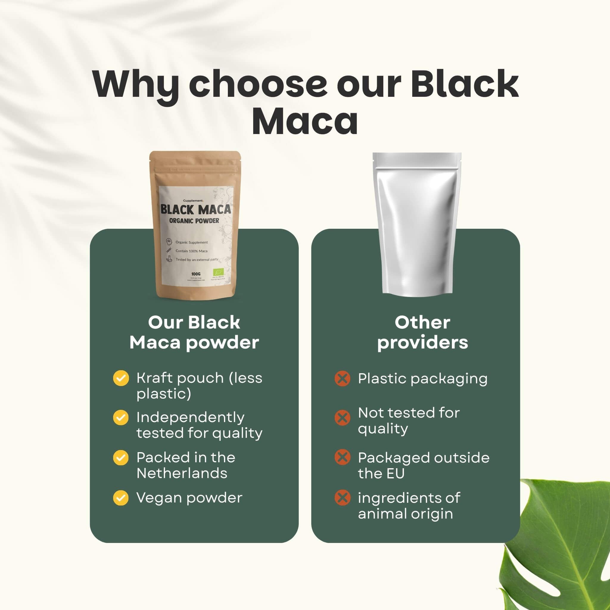 Graphique avec texte: Pourquoi notre Maca Noire? Sachet kraft, qualité testée, emballé aux Pays-Bas, vegan.