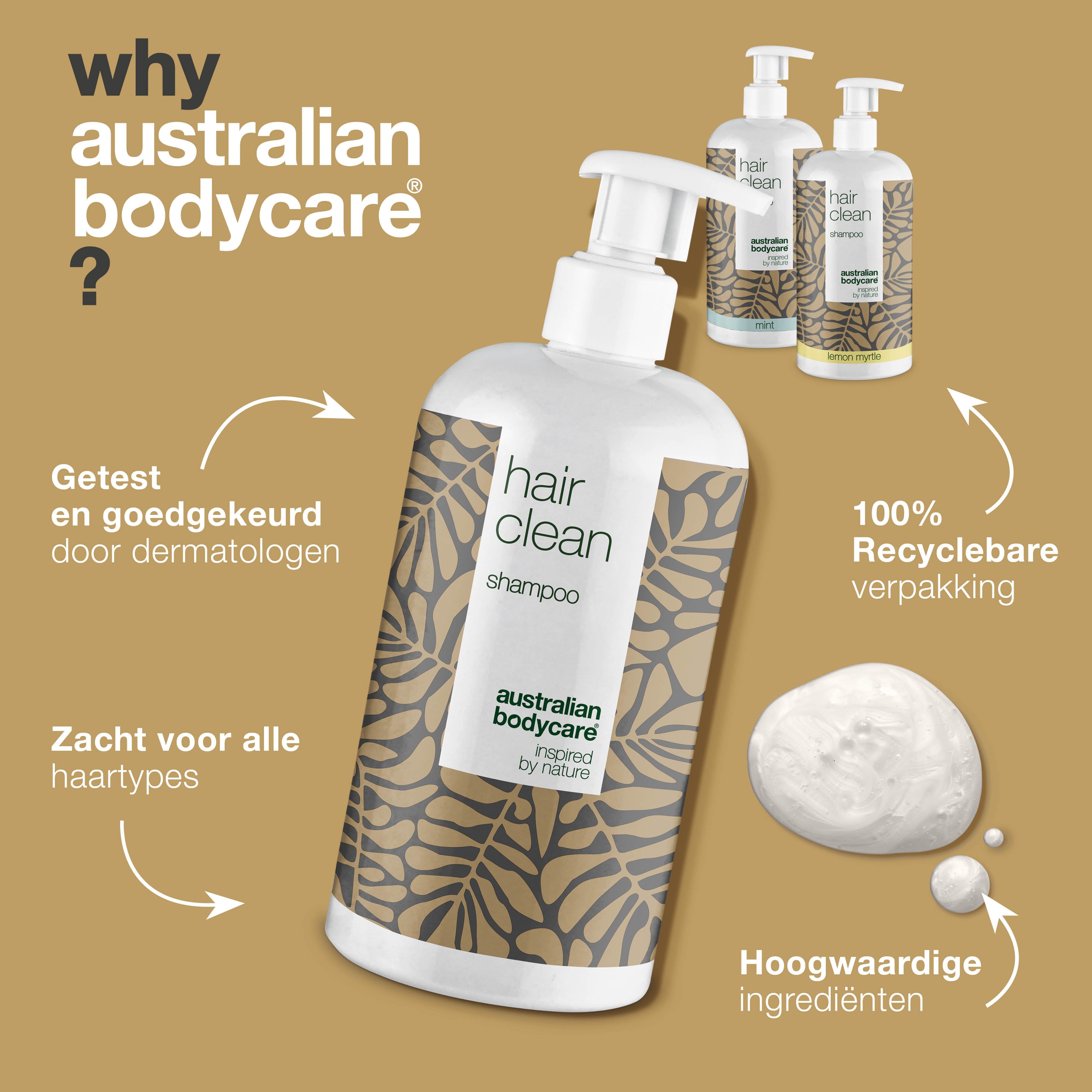 Australian Bodycare. Waarom? Drie shampoo flessen. Tekst over dermatologisch getest, recyclebare verpakking.
