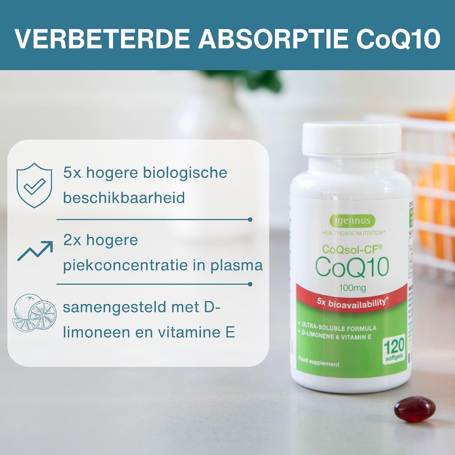 Fles Igennus CoQ10 100mg met 120 capsules, omringd door sinaasappels en citroenen.