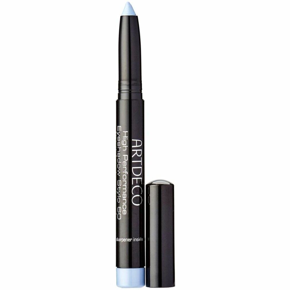 Artdeco High Performance Eyeshadow Stylo. Stylo noir avec extrémité et capuchon bleu clair. Nom du produit et marque visibles.