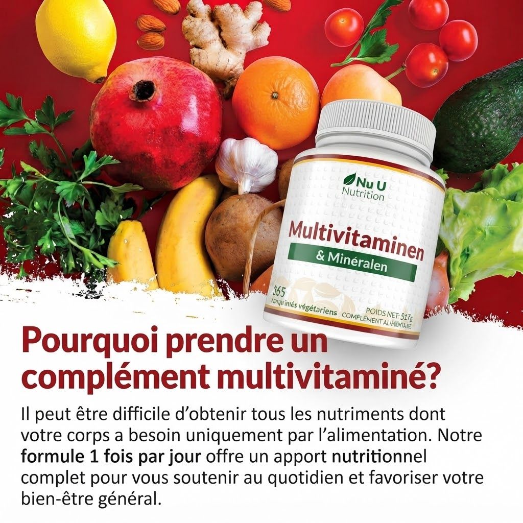 Bouteille de Multivitamines & Minéraux de Nu U Nutrition, entourée de fruits et légumes.