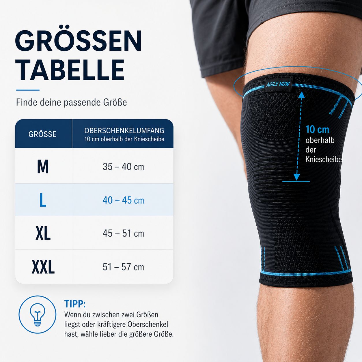 Maattabel voor kniebandages: M, L, XL, XXL.