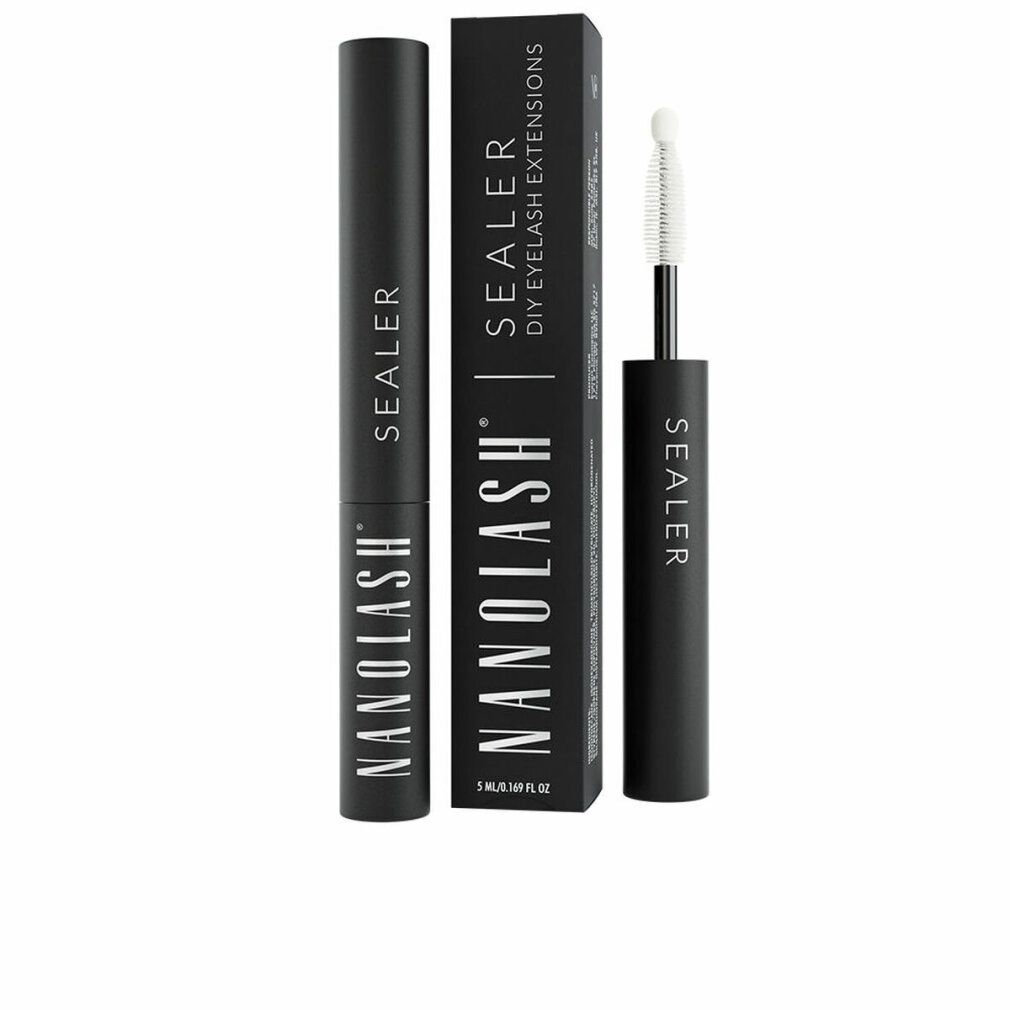 Zwarte tube en verpakking met witte applicator. Opschrift: NANOLASH, SEALER, DIY EYELASH EXTENSIONS.
