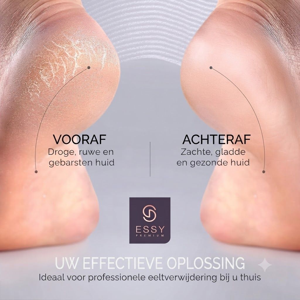 Vooraf: droge, ruwe, gebarsten huid. Achteraf: zachte, gladde, gezonde huid. Logo: ESSY PREMIUM.